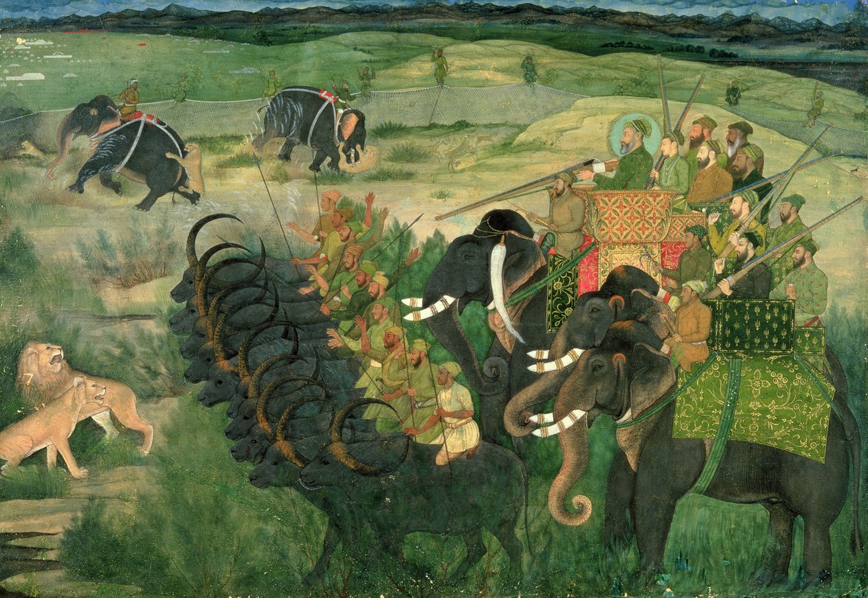 在。 11A.28 Aurangzib狩猎狮子，c.1670-80 作者 印度学校