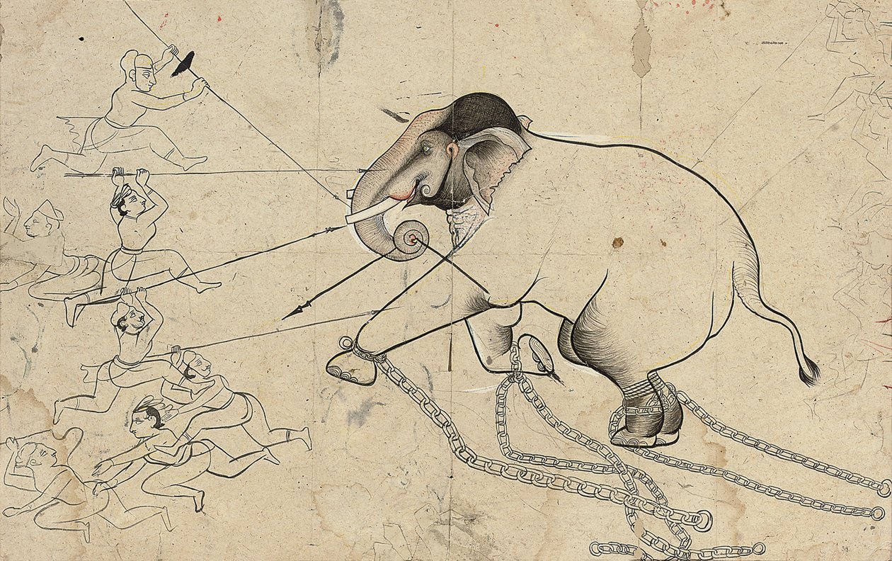 Isarda或Kotah驯象的准备图，约1720年 作者 印度学校