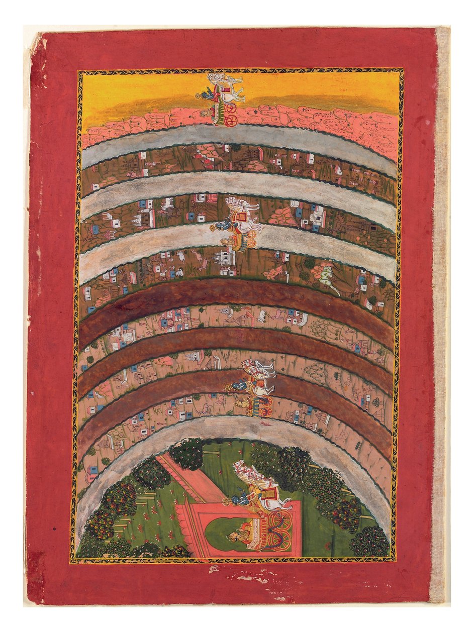 穿越未知的土地，从他的战车克里希纳的旅行，1750年（不透明的wc，纸上的金和银） 作者 印度学校