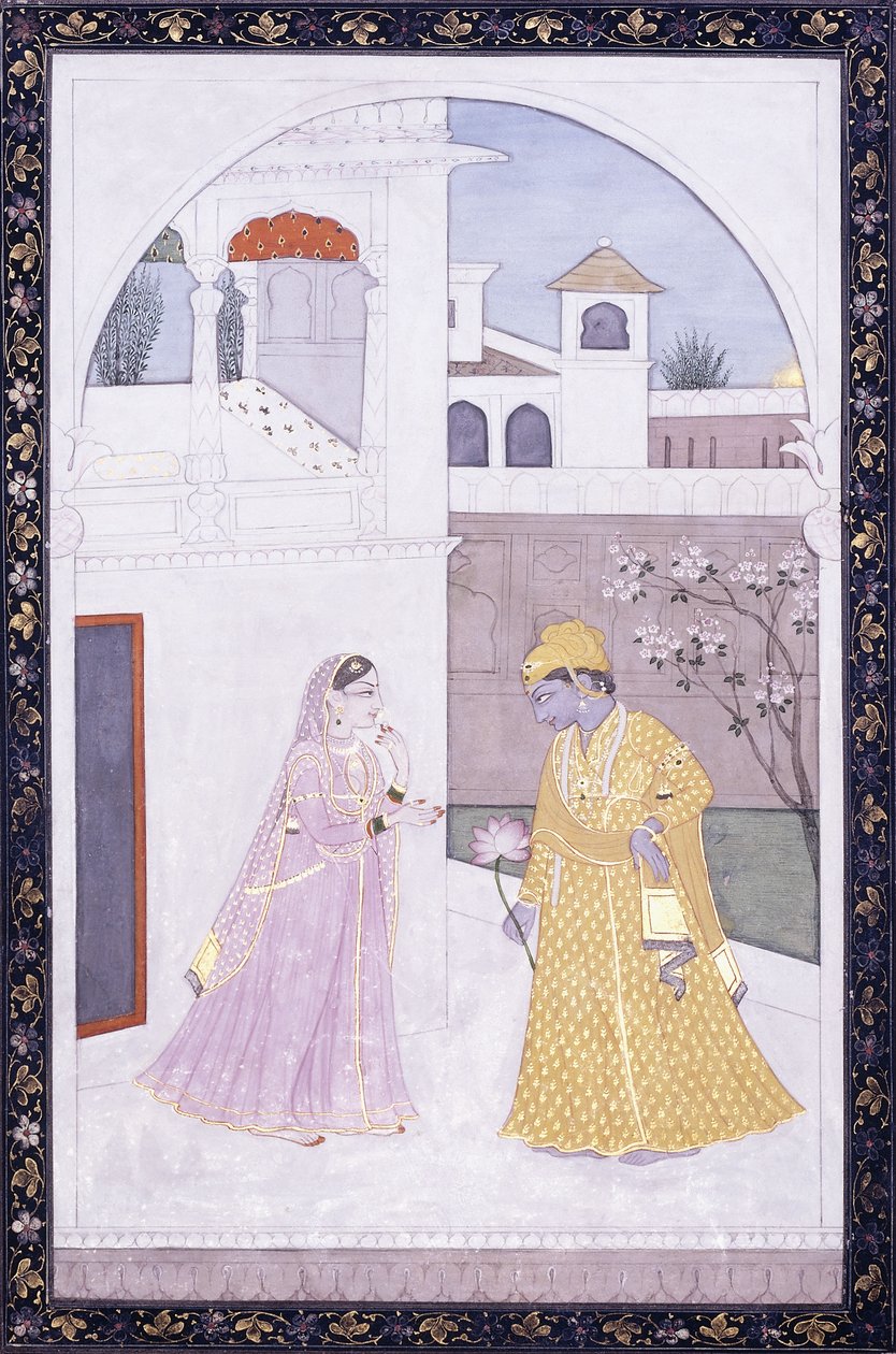 克里希纳（Krishna）站着莲花，他的情人穿着粉红色的纱丽，c。 1800 作者 印度学校