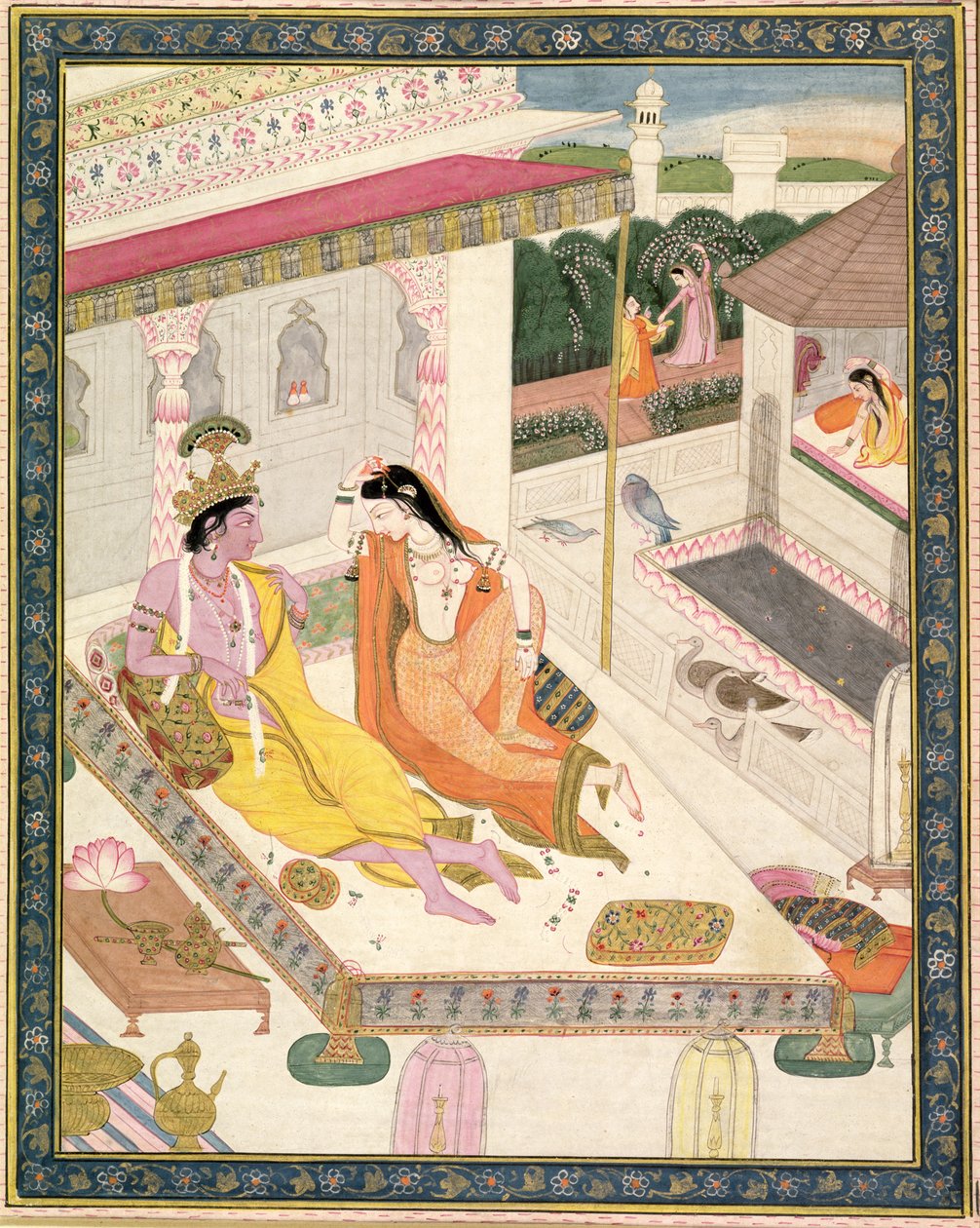 Krishna和Radha在Mogul宫殿的一张床上，旁遮普，1860 作者 印度学校