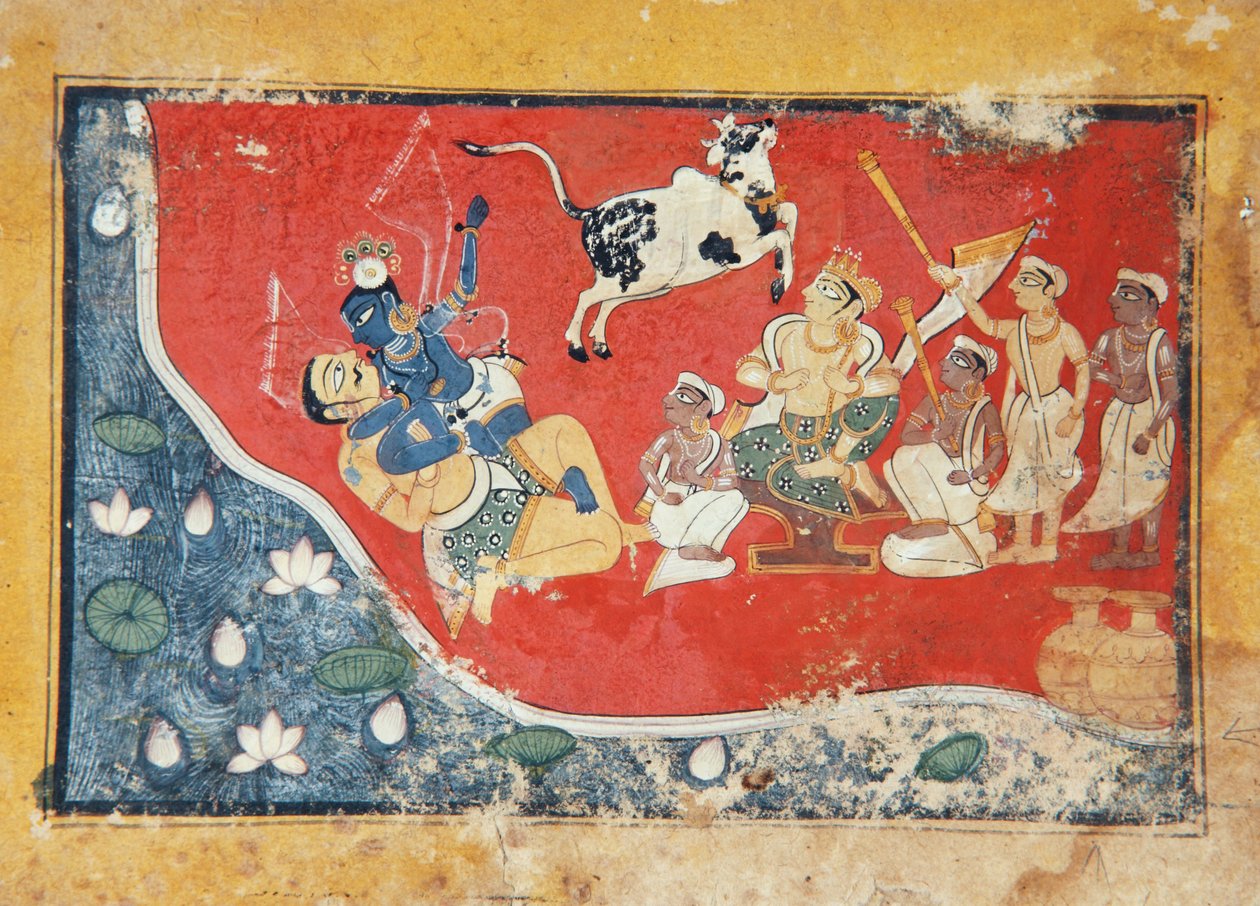 克里希纳在河边击败了一个恶魔，1560年（纸上不透明的wc） 作者 印度学校
