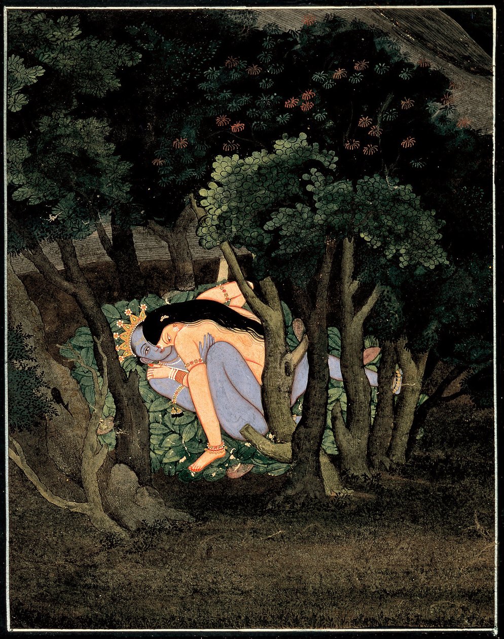 Krishna enlace par Radha (Krishna embraced by Radha) - Art indien, gouache sur papier, vers 1775 作者 印度学校
