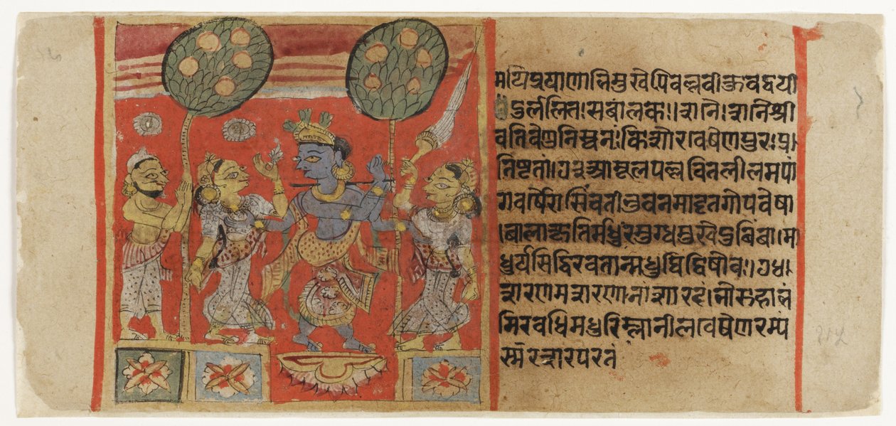 Krishna在Balagopalastuti c.1450（不透明的wc和黄金在纸上）与两位牧牛姑娘一起观看，一位奉献者正在观看 作者 印度学校