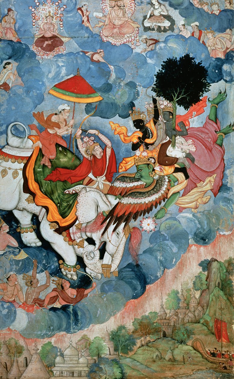 克里希纳斯与英德拉战斗，1590年 作者 印度学校