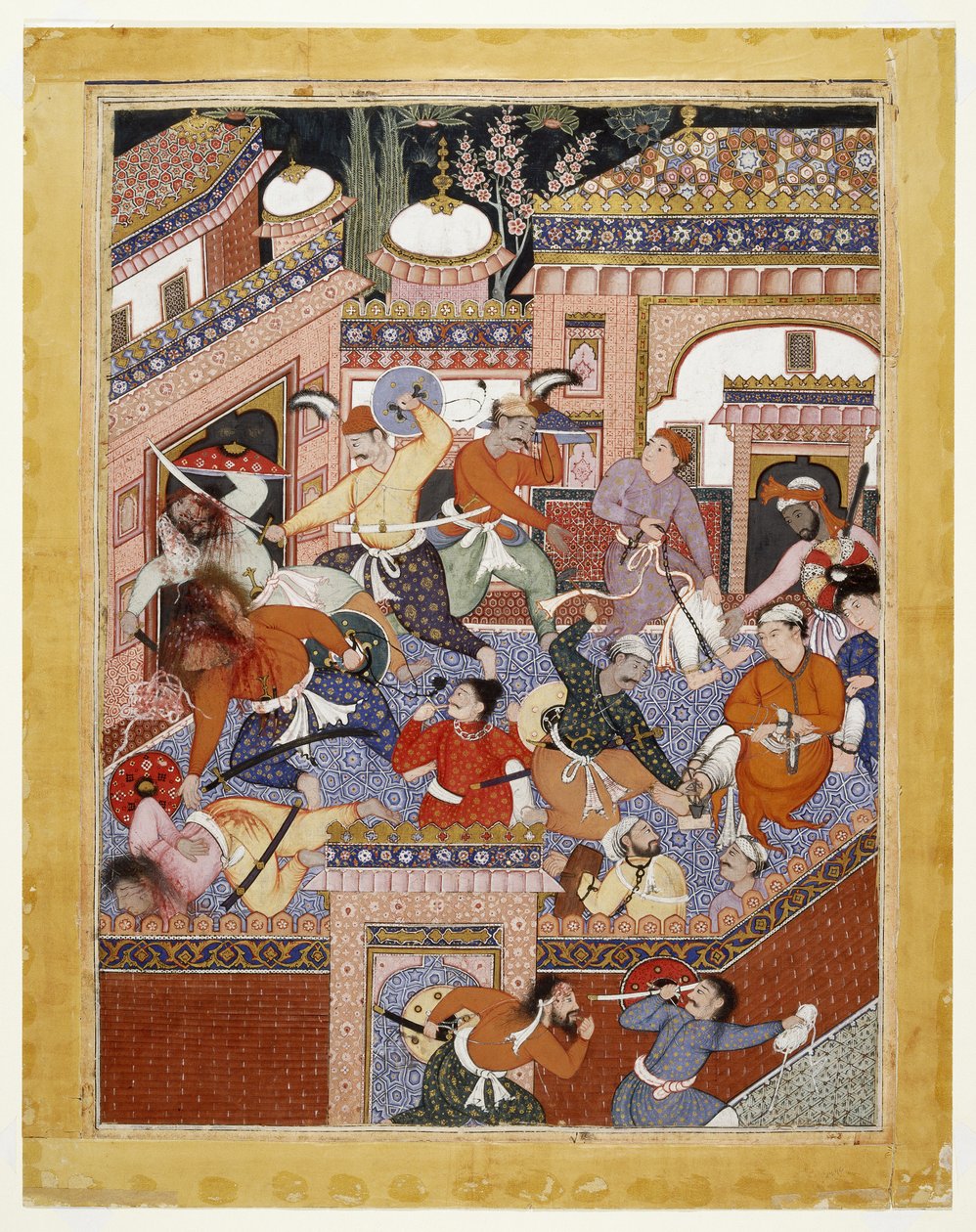 由Songhur Balkhi和Lulu the Spy带领，Ayyars Slit the Throats of Prison Guards和Free Said Farrukh-Nizhad，1557  -  1572（不透明的水彩和棉布上的金色） 作者 印度学校