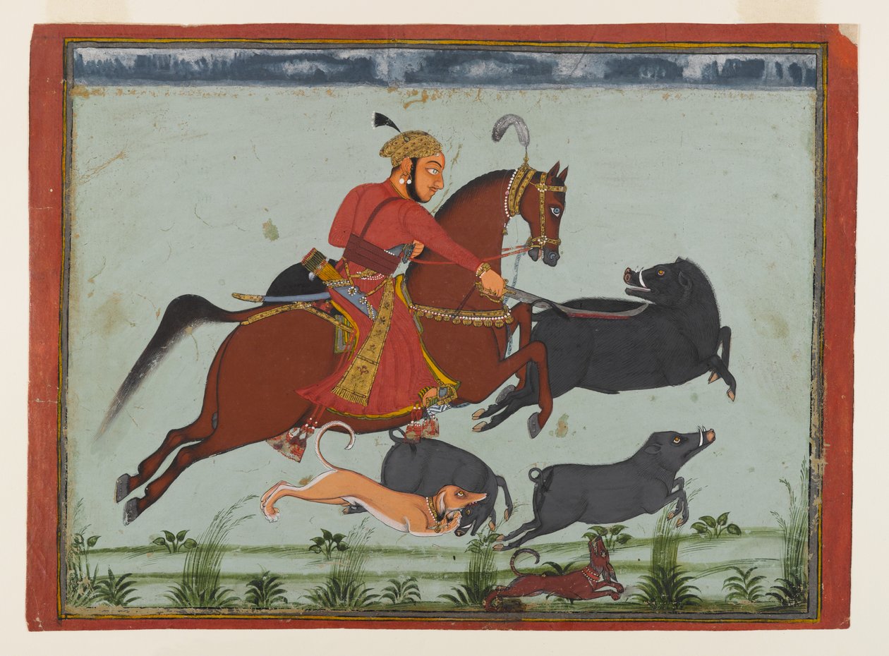 梅瓦尔狩猎野猪的普拉塔普·辛格二世大君，c.1750-75（水彩画、纸本金银） 作者 印度学校
