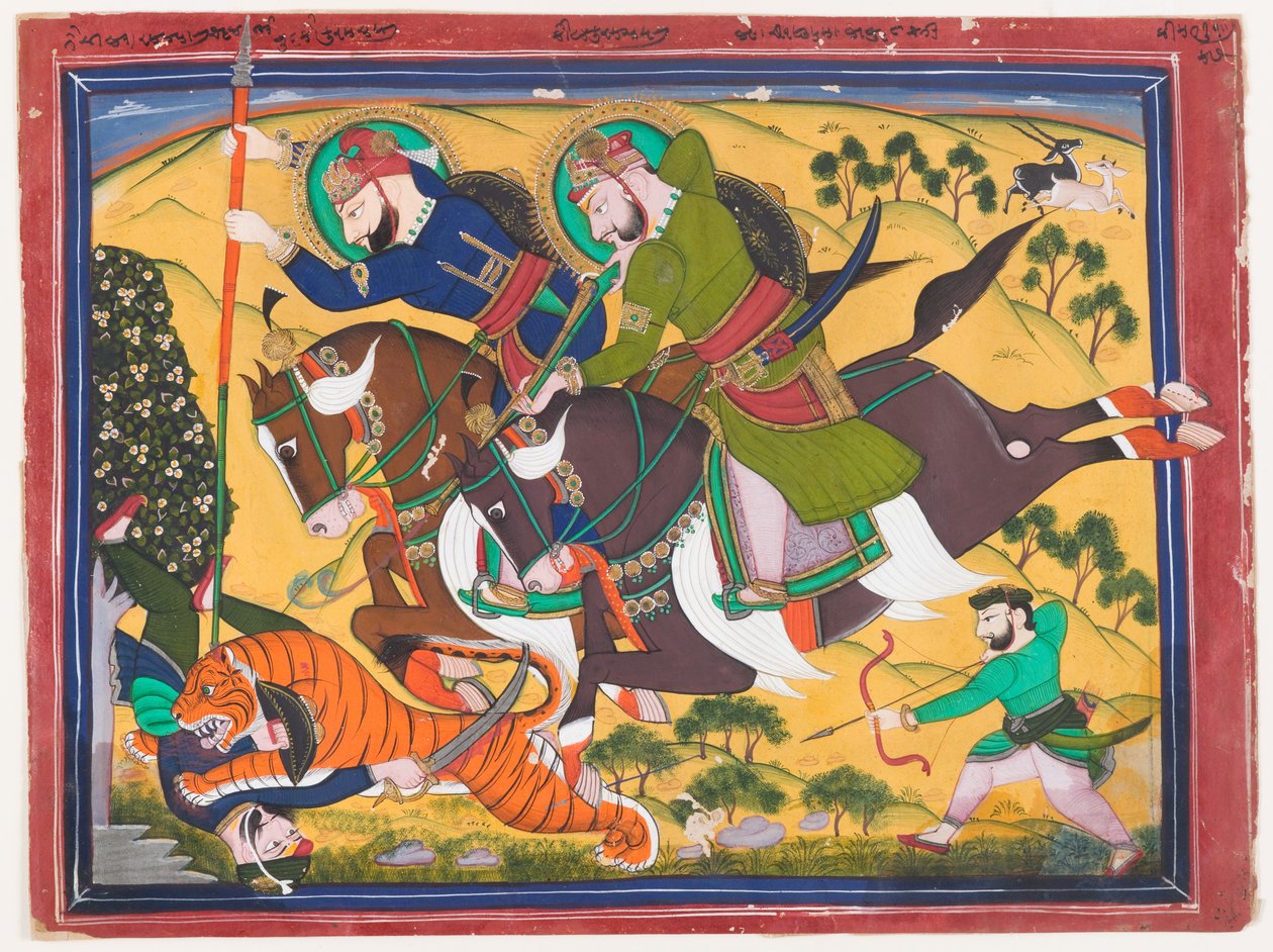 拉姆-辛格大君猎虎，19 世纪第二季度（纸面水彩画） 作者 印度学校