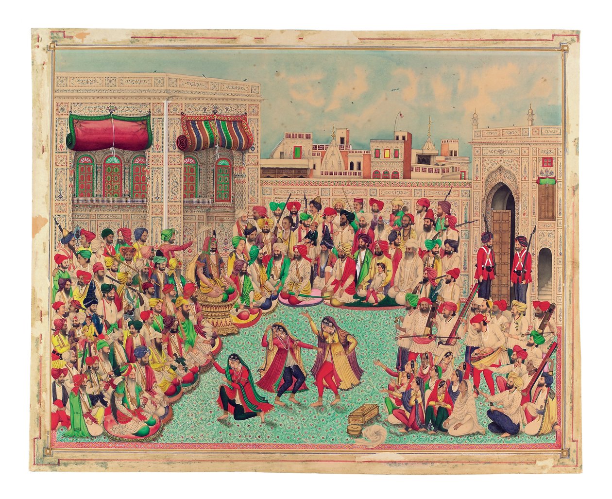 大君谢尔·辛格（Maharaja Sher Singh）和同伴观看舞蹈表演，约1850年（纸上不透明的水彩和金色） 作者 印度学校