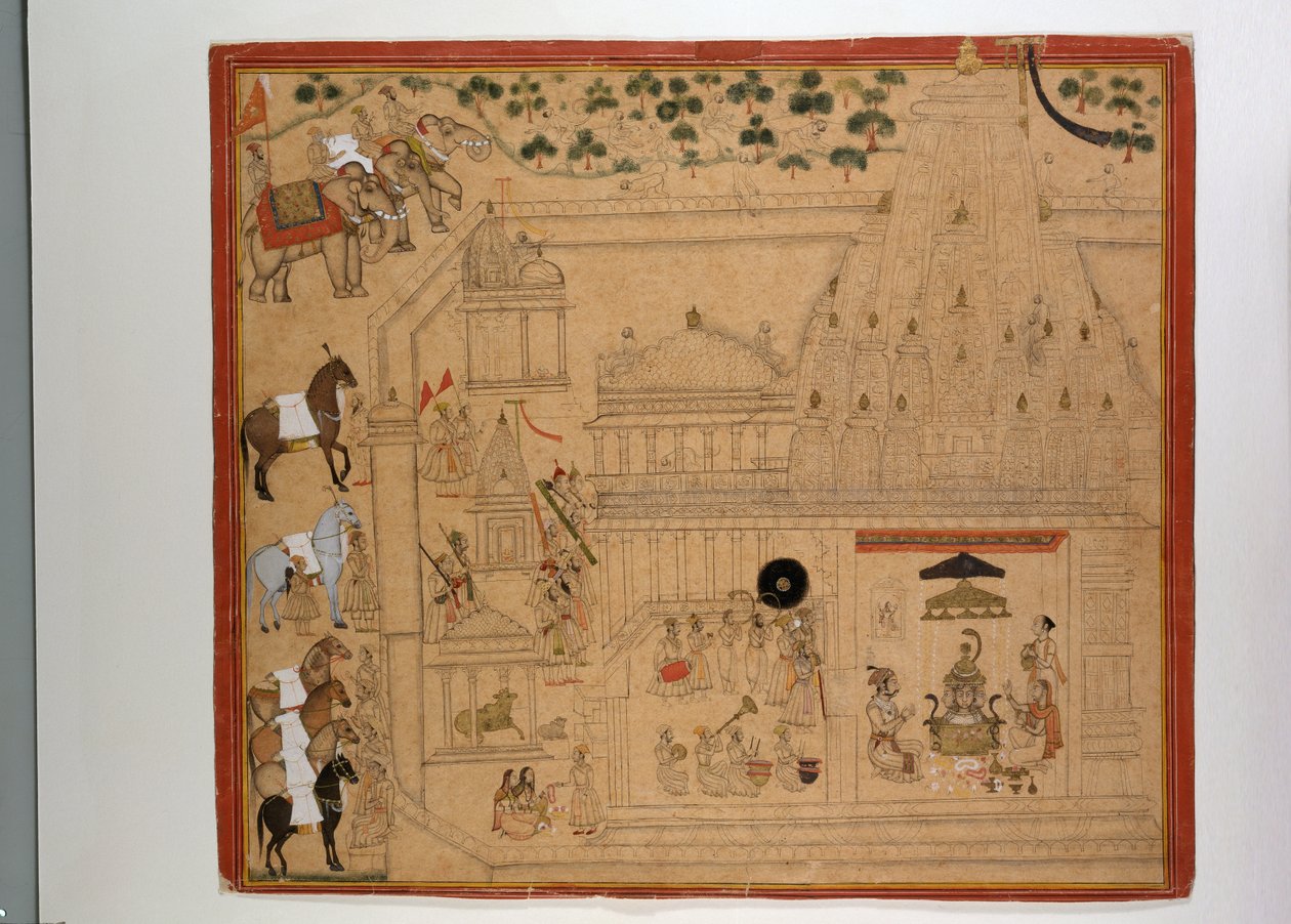 梅瓦尔的马哈拉纳·阿马尔·辛格 (Maharana Amar Singh) 在埃克林吉 (Eklingji) 寺庙，约 1695 年（纸上金银水粉画） 作者 印度学校