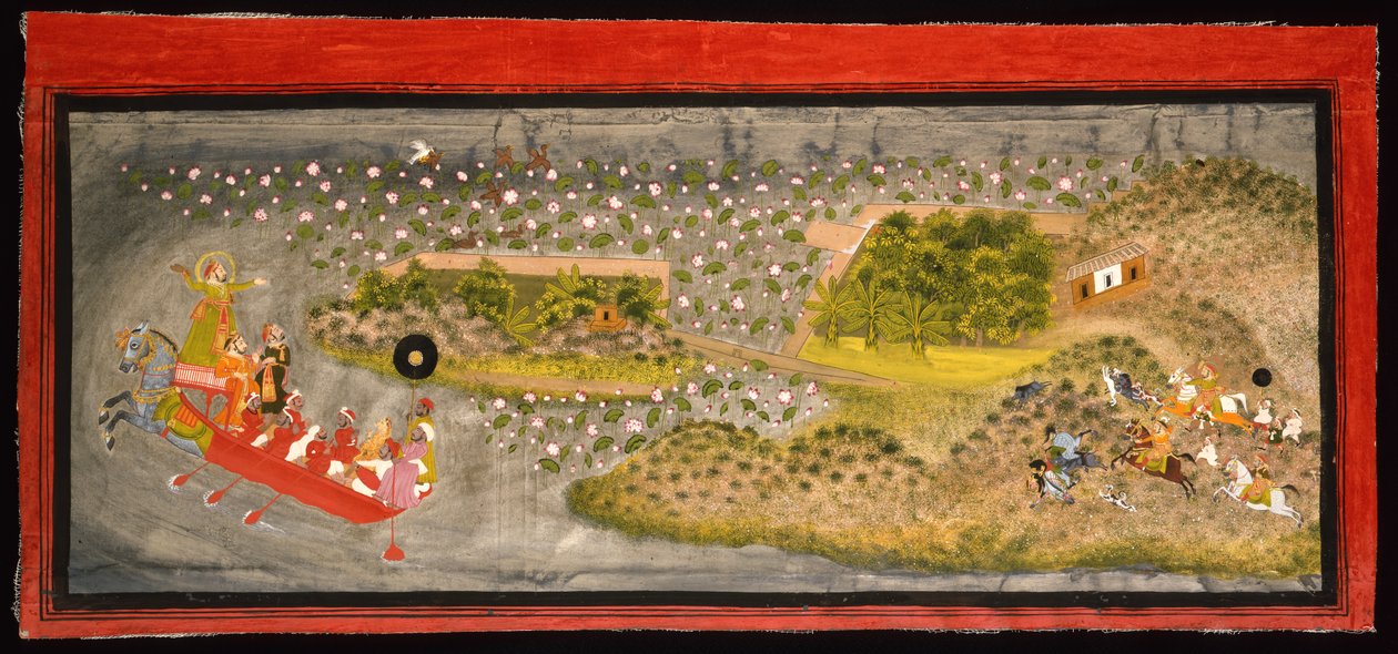 Maharana Jagat Singh II小贩和野猪狩猎，约1740年（纸上不透明w - c，银和金，安装在相册页上） 作者 印度学校
