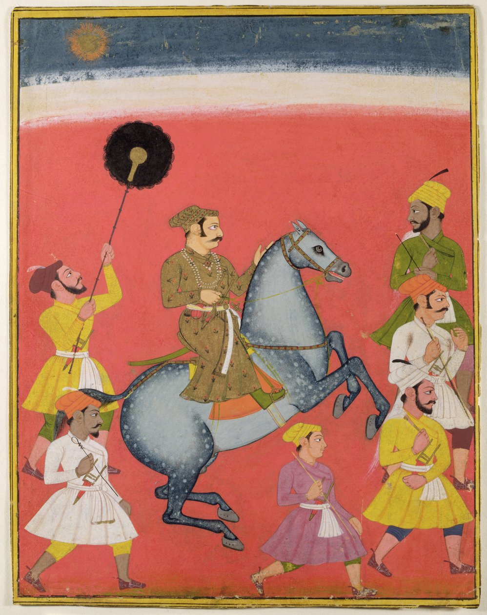 Mewar的Maharana Raj Singh I（登记号1652-80）骑马，乌代布尔（Mewar）拉贾斯坦邦，1670年（纸上有金色的水粉） 作者 印度学校