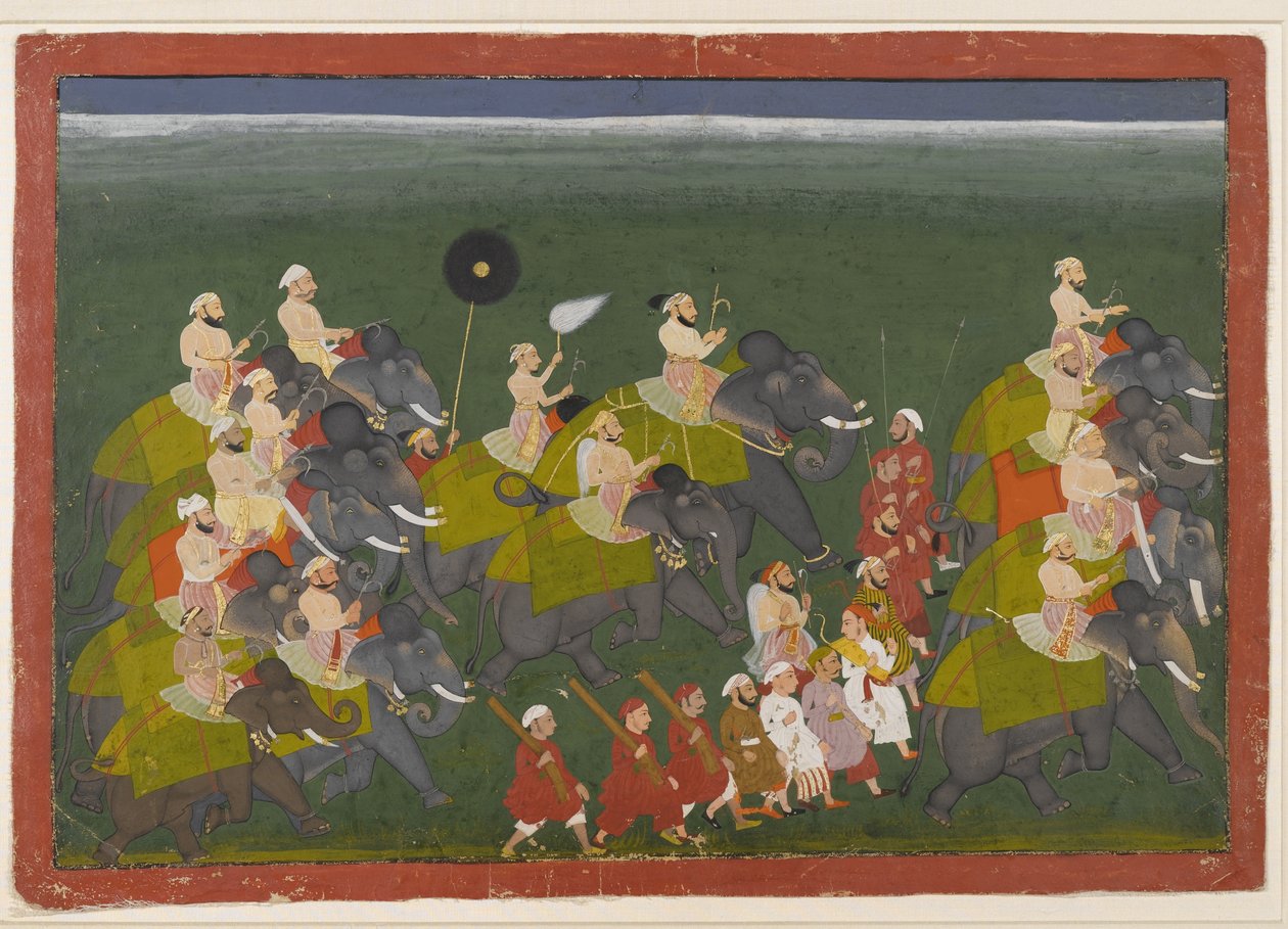 Mewar的Maharana Sangram Singh乘坐大象游行，乌代布尔，拉贾斯坦邦，17-30-40（不透明的wc＆黄金在纸上） 作者 印度学校