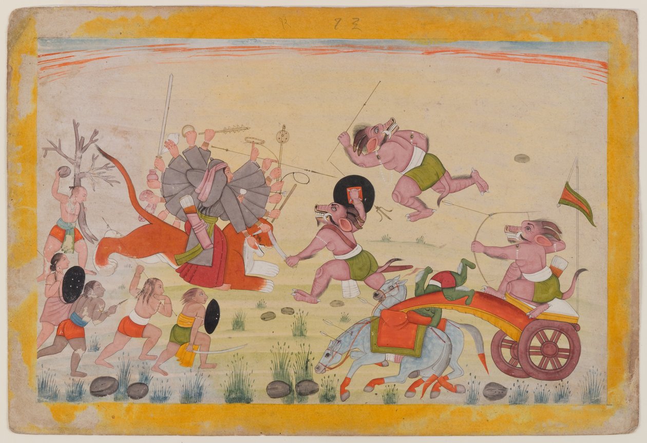 Mahasura攻击Devi，来自分散的Devi Mahatmya系列的作品集，c.1770-80（纸上wc） 作者 印度学校