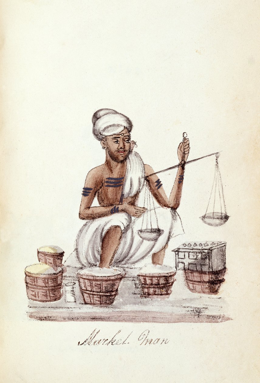 集市男子，选自《印度不同种姓文摘》，作者 Venkata Ramasvani，1837 年在马德拉斯出版（彩色石版）。 作者 印度学校