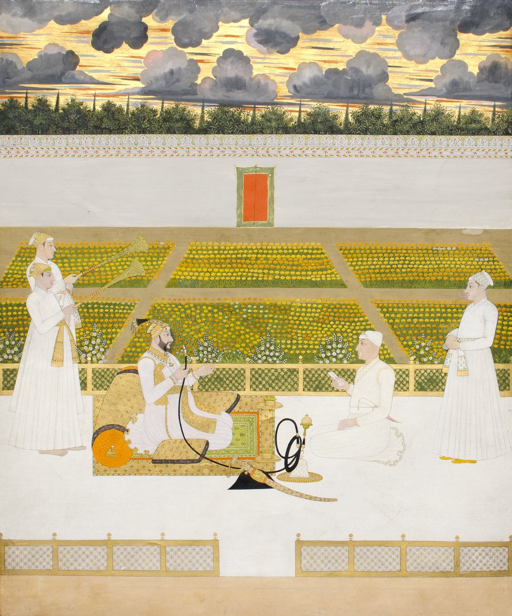 Mir Jaffar，Murshidabad的Nawab，带着朝臣和服务员，1760年（不透明的wc和黄金在纸上） 作者 印度学校
