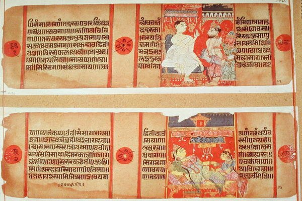 55 65 fol.90 古吉拉特邦学校 "Kalakacharya Katha "中的两页（纸上水粉画）。 作者 印度学校