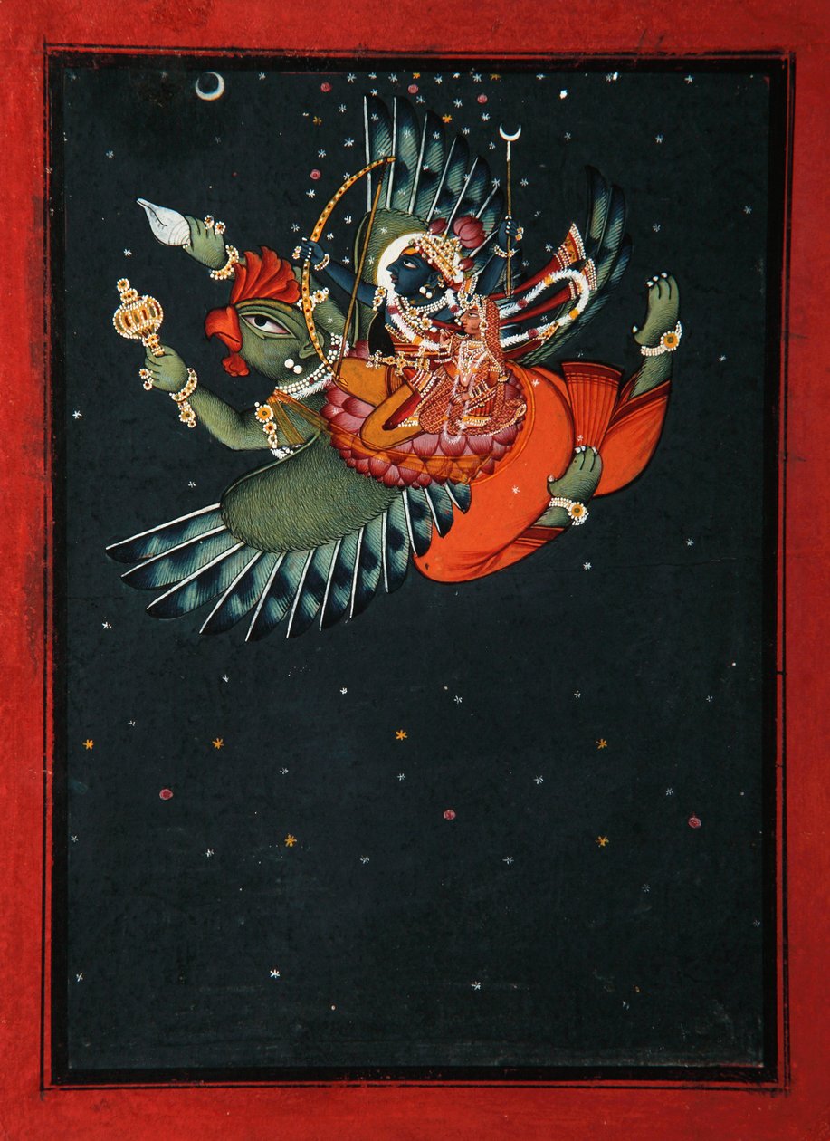 在Garuda的翅膀上：Krishna和Satyabhama飞过夜空，1750（不透明的wc和黄金在纸上） 作者 印度学校