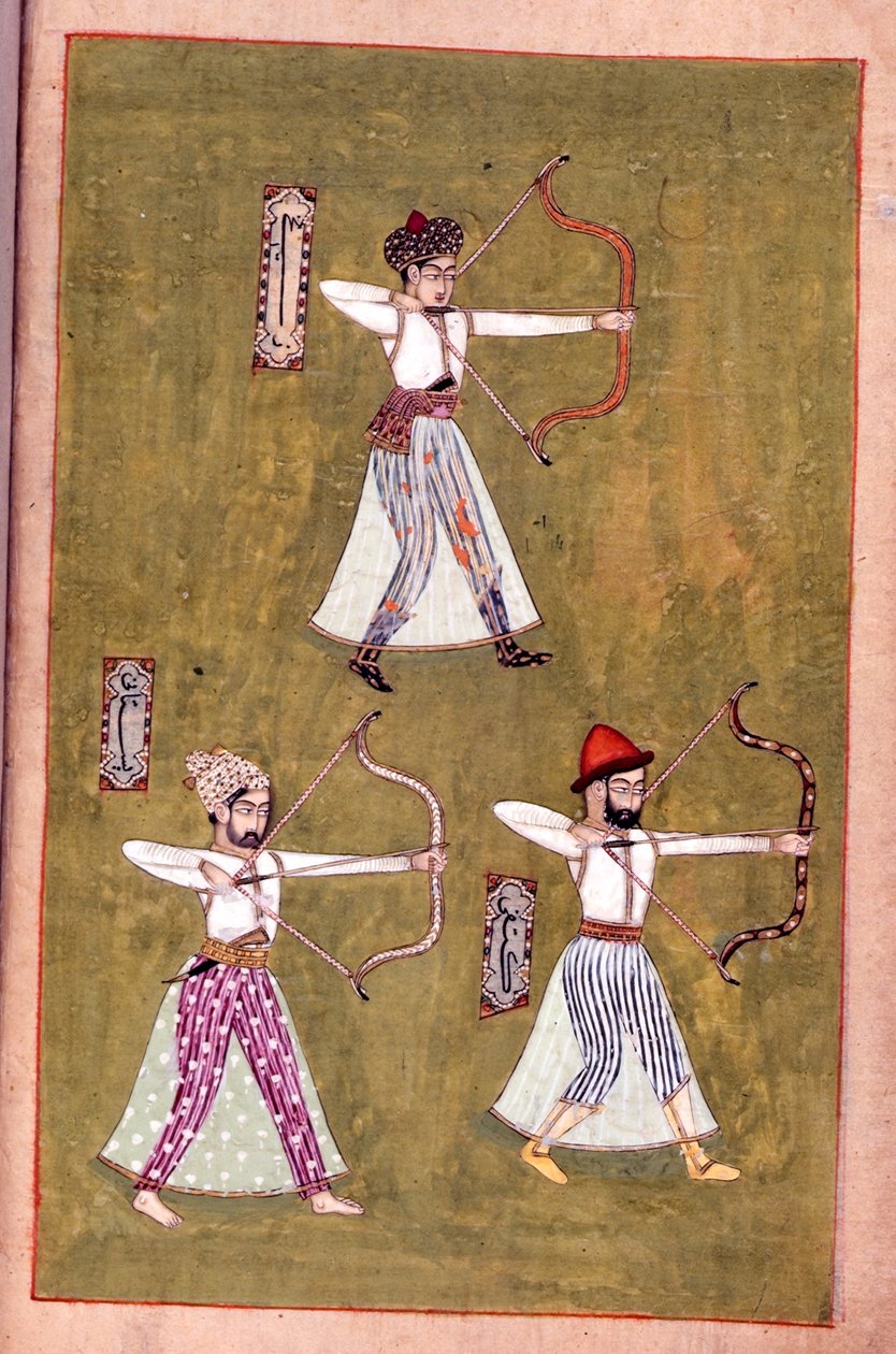 或 14143 fol.16v 弓箭手，选自 "Hidayat al-rami"（彩色石版画） 作者 印度学校