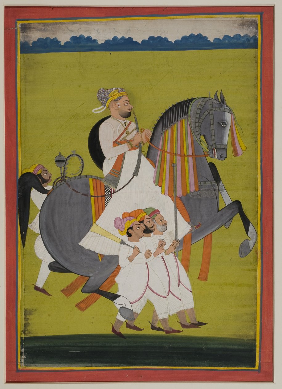 Nimbaj的Thakur Surtan Singh的肖像，1820年徒步骑马的马背上（印度纸上的水粉） 作者 印度学校