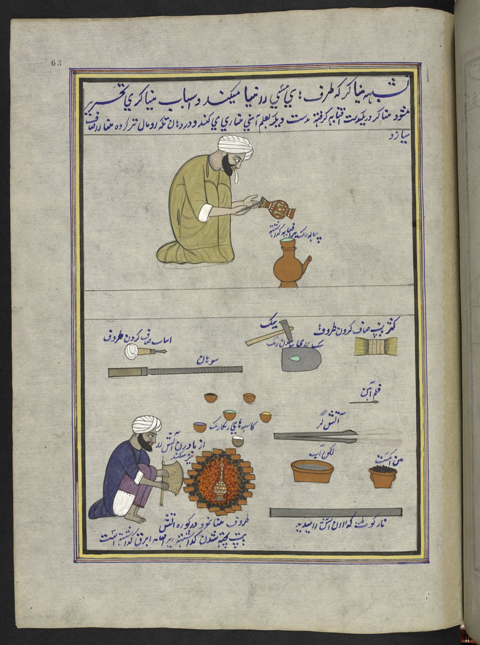 Pot-enamellers, 86 幅图画装订成册，描绘了克什米尔的行业和职业，图中的工匠正在使用工具和设备工作，作者为克什米尔艺术家，可能创作于斯利那加，约 1850-60 年（纸面水粉画）。 作者 印度学校