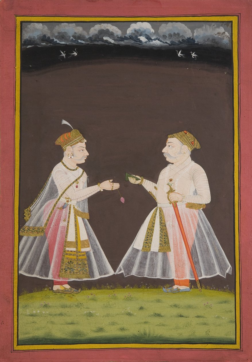 可能是乌代布尔（1661-81）的拉纳·拉吉·辛格（Rana Raj Singh）为贵族提供平底锅的肖像，1820年 作者 印度学校