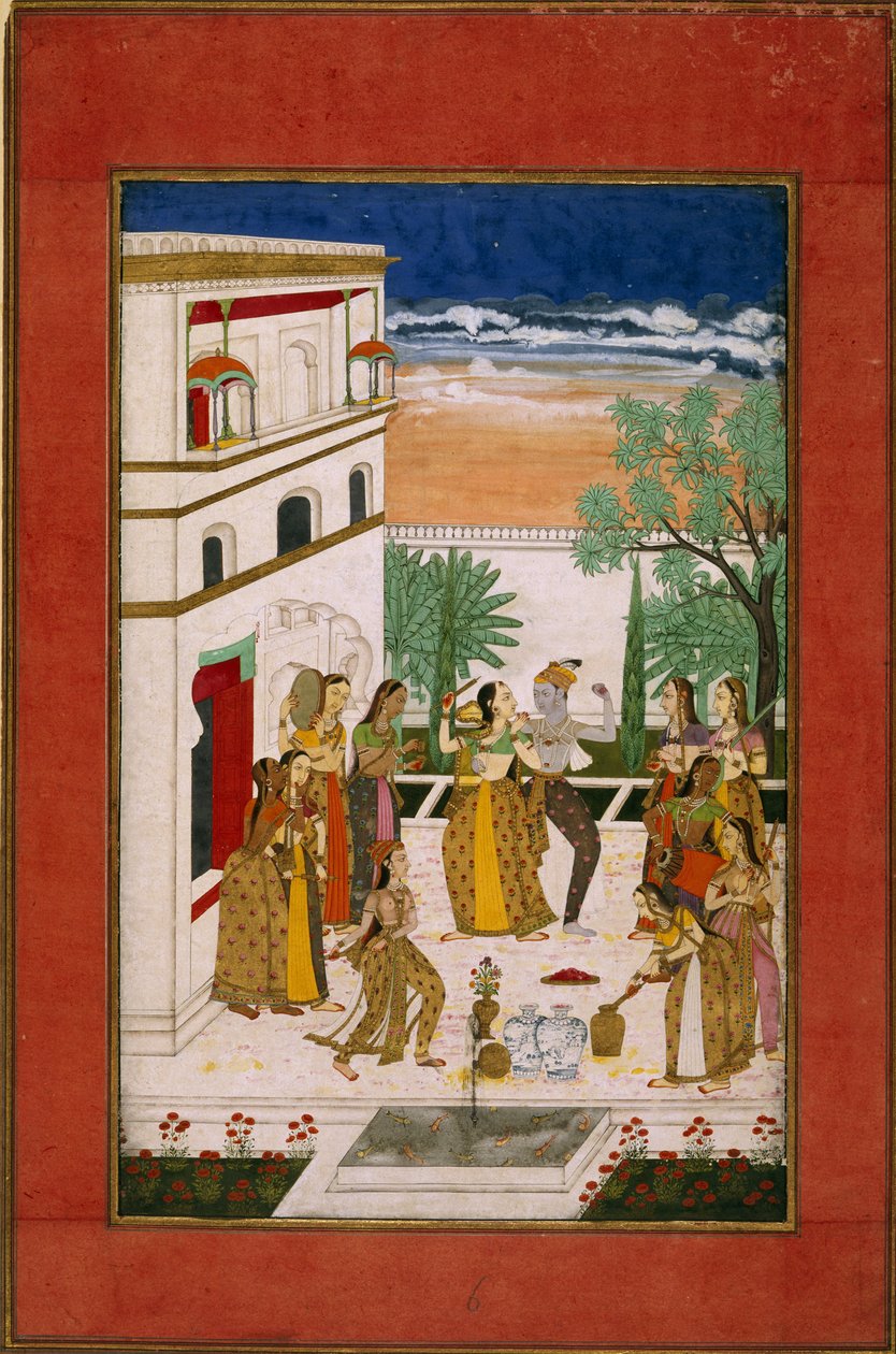 拉达和克里希纳在跳舞，约 1760 年（纸面水彩画） 作者 印度学校