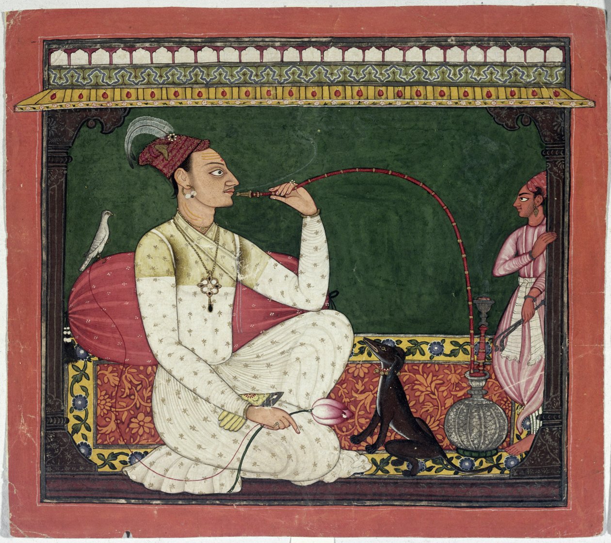 Raja Medini Pal，背面刻有Takari人物bilauria medini pal，Basohli，Himachal Pradesh，Pahari School，1735 作者 印度学校