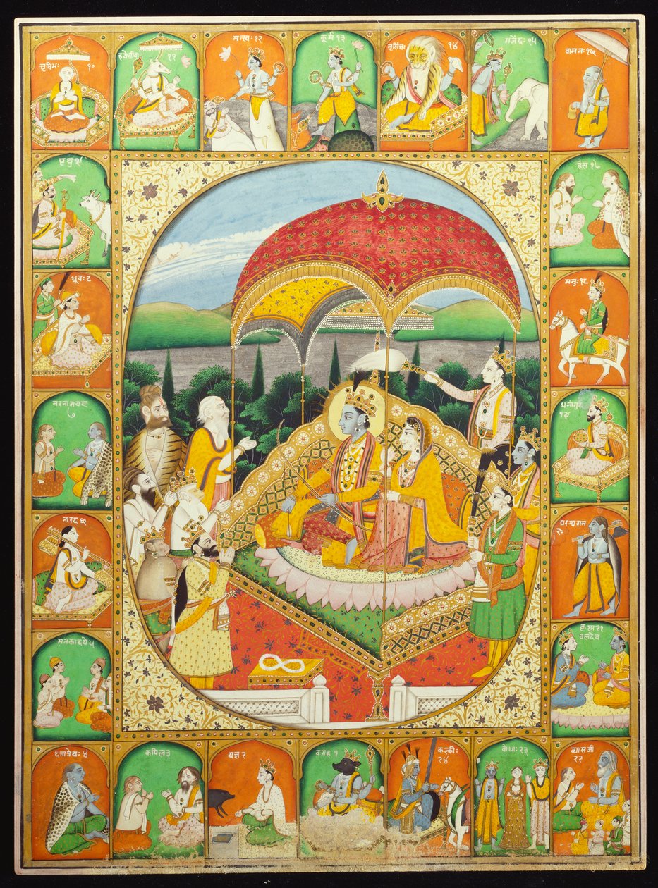 拉玛（Rama）和西塔（Sita）登基，希瓦（Shiva），哈努曼（Hanuman）等人朝拜，1800-20年 作者 印度学校