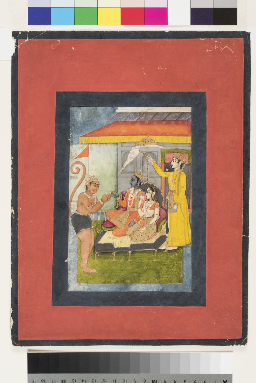 拉玛和西塔登基，哈努曼崇拜; Lakshmana持有一个morchal，1780（纸上不透明的wc和黄金） 作者 印度学校
