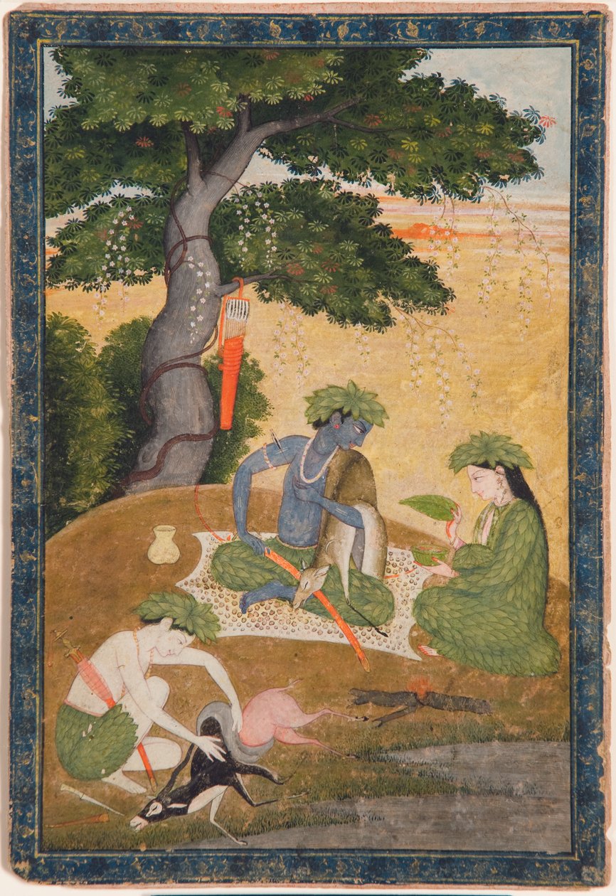 拉玛，与森林中的Sita和Lakshmana，来自罗摩衍那，1790年（不透明的wc和黄金在纸上） 作者 印度学校