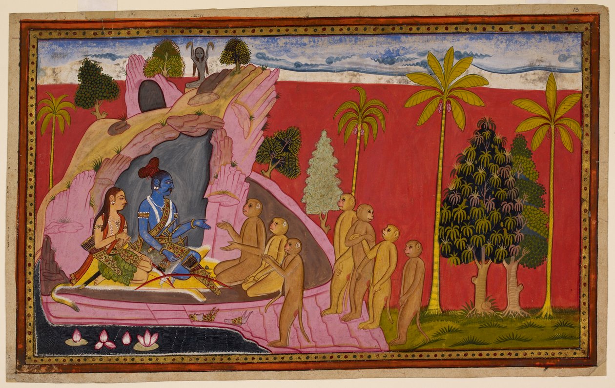 拉玛（Rāma）和拉克西玛（Lakṣmaṇa）坐在狮皮上，为哈努曼（Hanumān）的消息和西塔（Sītā）的珠宝而高兴，但又为她的困境而苦恼，他们在苏格里瓦（Sugrīva）那里找到了安慰。1653（缩影） 作者 印度学校