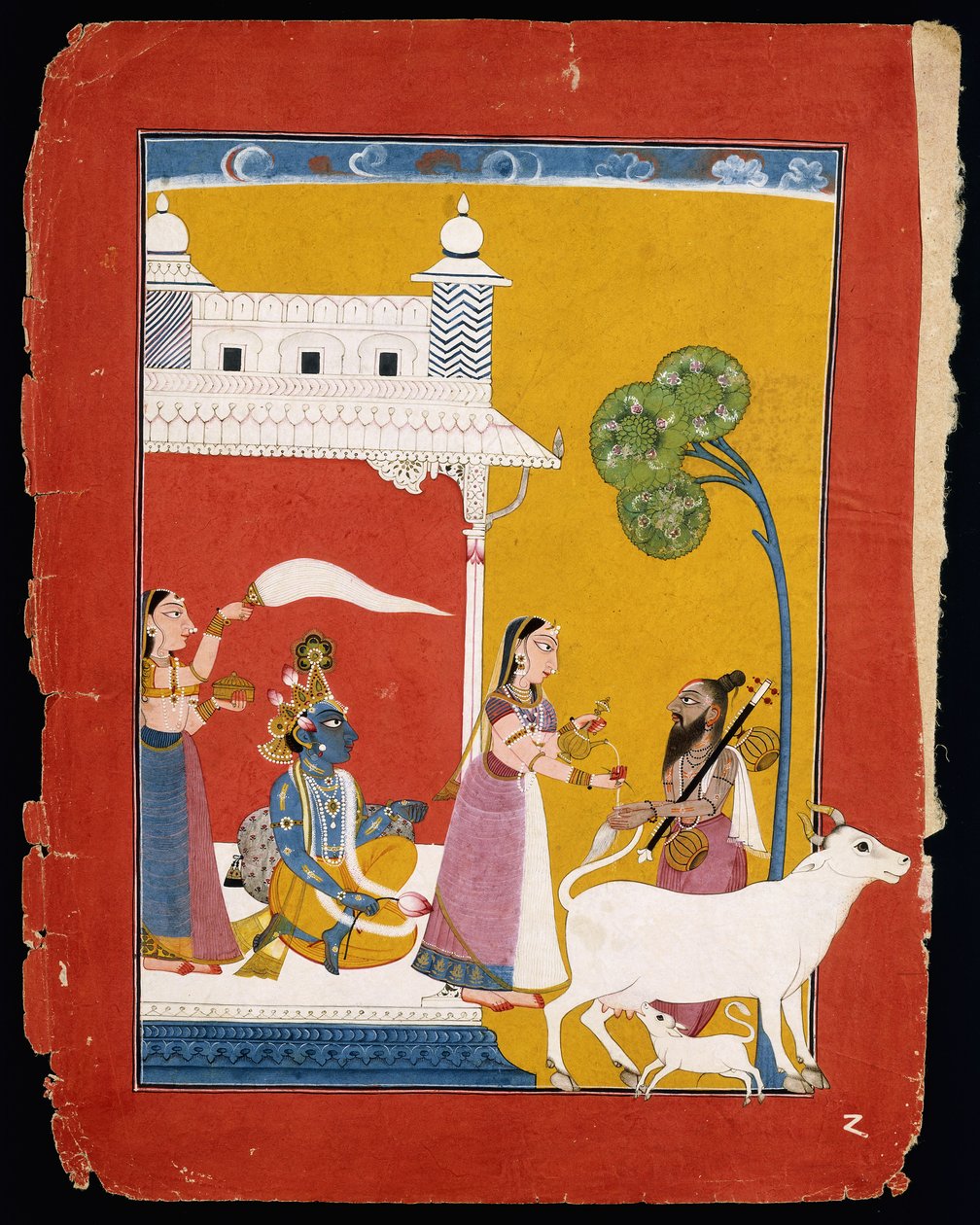 鲁克米尼（Rukmini）的丈夫奎师那（Krishna）坐在她的房子里时向圣贤纳拉达（Narada）提供水，约1725年至1730年 作者 印度学校