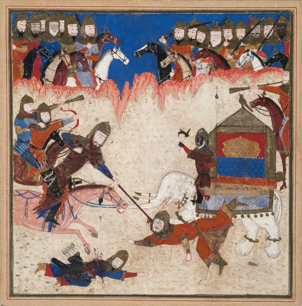 Rustam lassos中国的Khaqan并将他从他的大象身上拉下来，c.1450（不透明的wc和黄金在纸上） 作者 印度学校