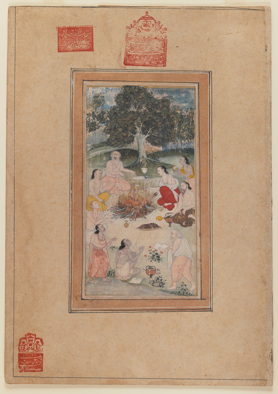 Sadhus聚集在火灾中，c.1600（纸上写着） 作者 印度学校