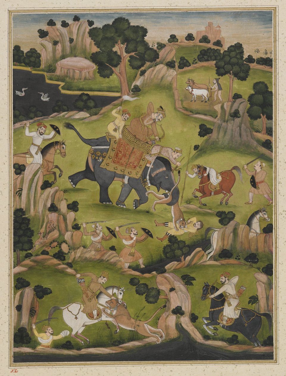 Shah Jahan狩猎，独立专辑对开，c.1900 作者 印度学校
