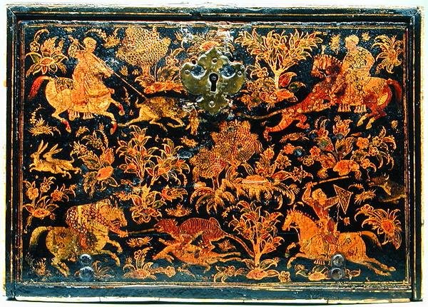 描绘贵族狩猎的书写柜的一面，17世纪（漆木） 作者 印度学校