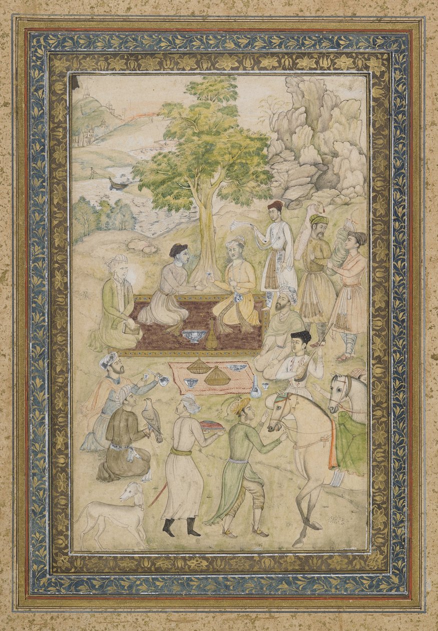 Sultan Murad和Sultan Daniyal在一个野餐，独立专辑对开，画作，1900年 作者 印度学校