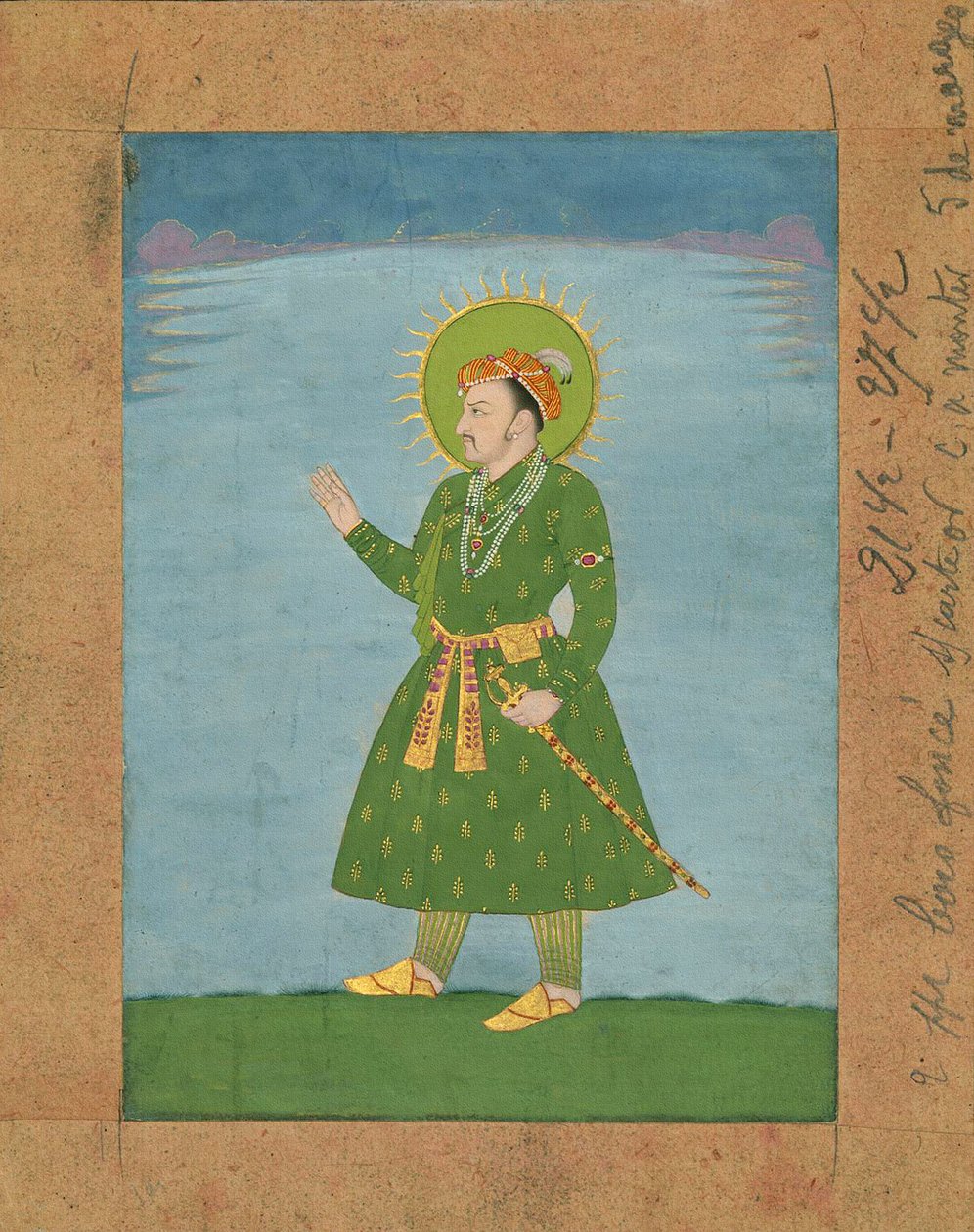 第四届莫卧儿皇帝贾汉吉尔（r。1605-1627），c。 17世纪初的微型绘画（棕色纸上的墨水和颜料） 作者 印度学校