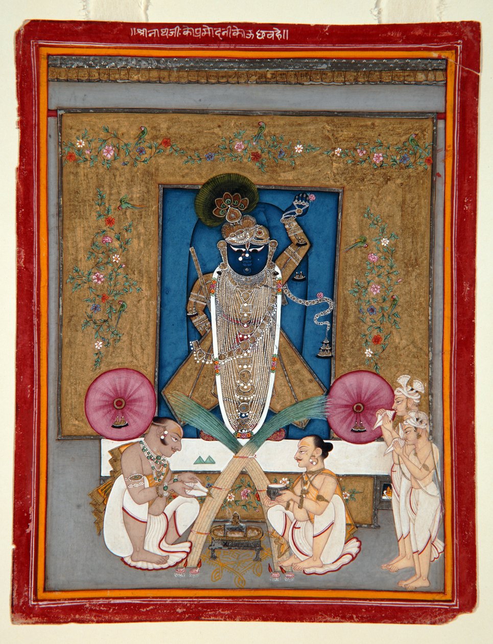 Krishna的崇拜作为Shrinath ji，1800-25（不透明的wc＆黄金在纸上） 作者 印度学校