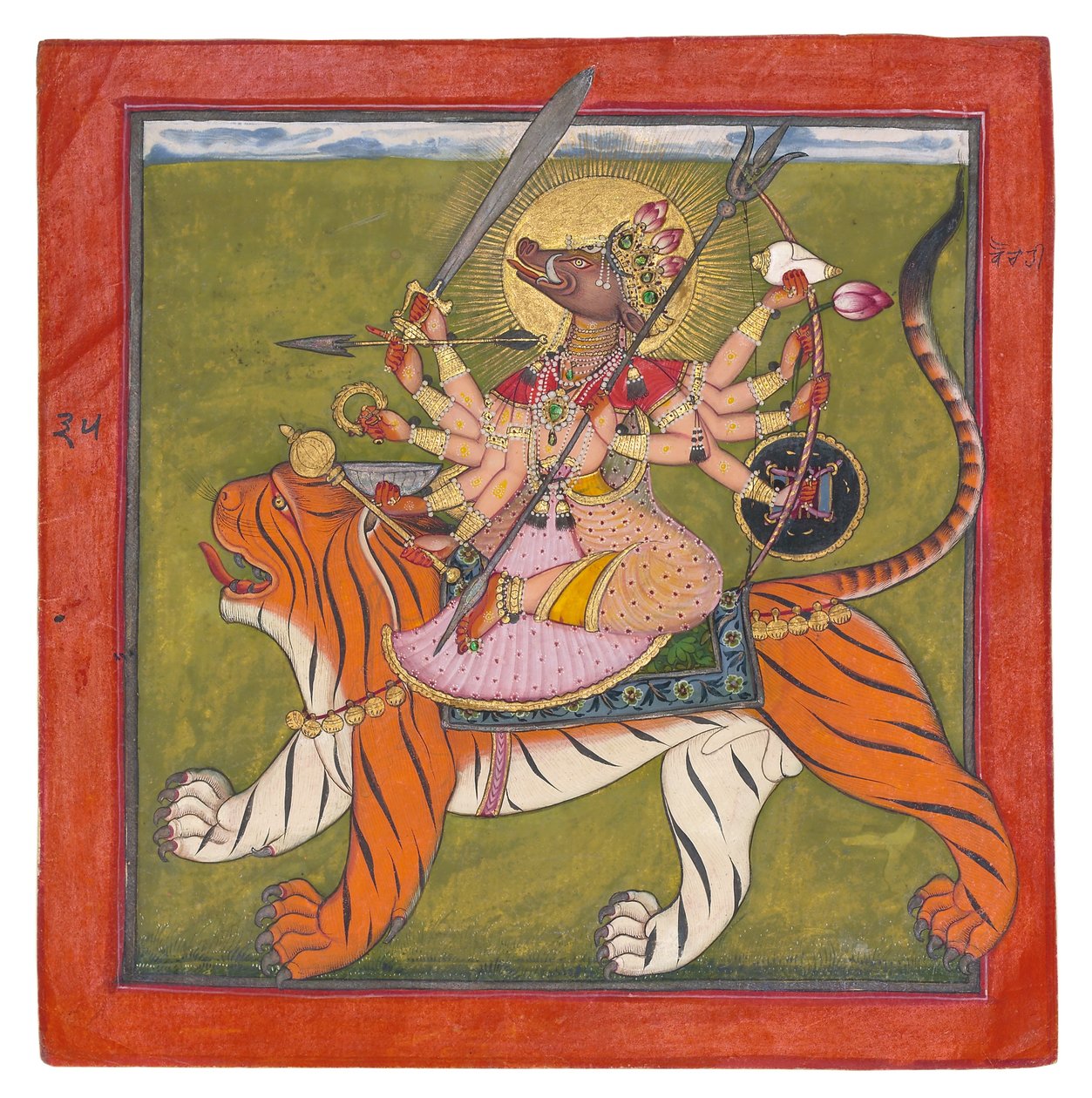 野猪面对的女神，Varahi，c.1660-70（不透明的wc，黄金，甲壳甲在纸上） 作者 印度学校