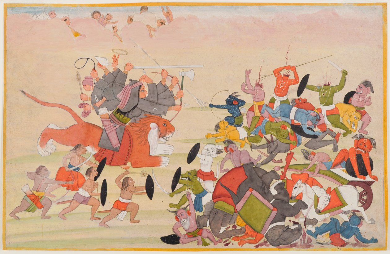 Devi击败了Mahishasura，来自分散的Devi Mahatmya系列的作品集，c.1770-80（纸上写着wc） 作者 印度学校