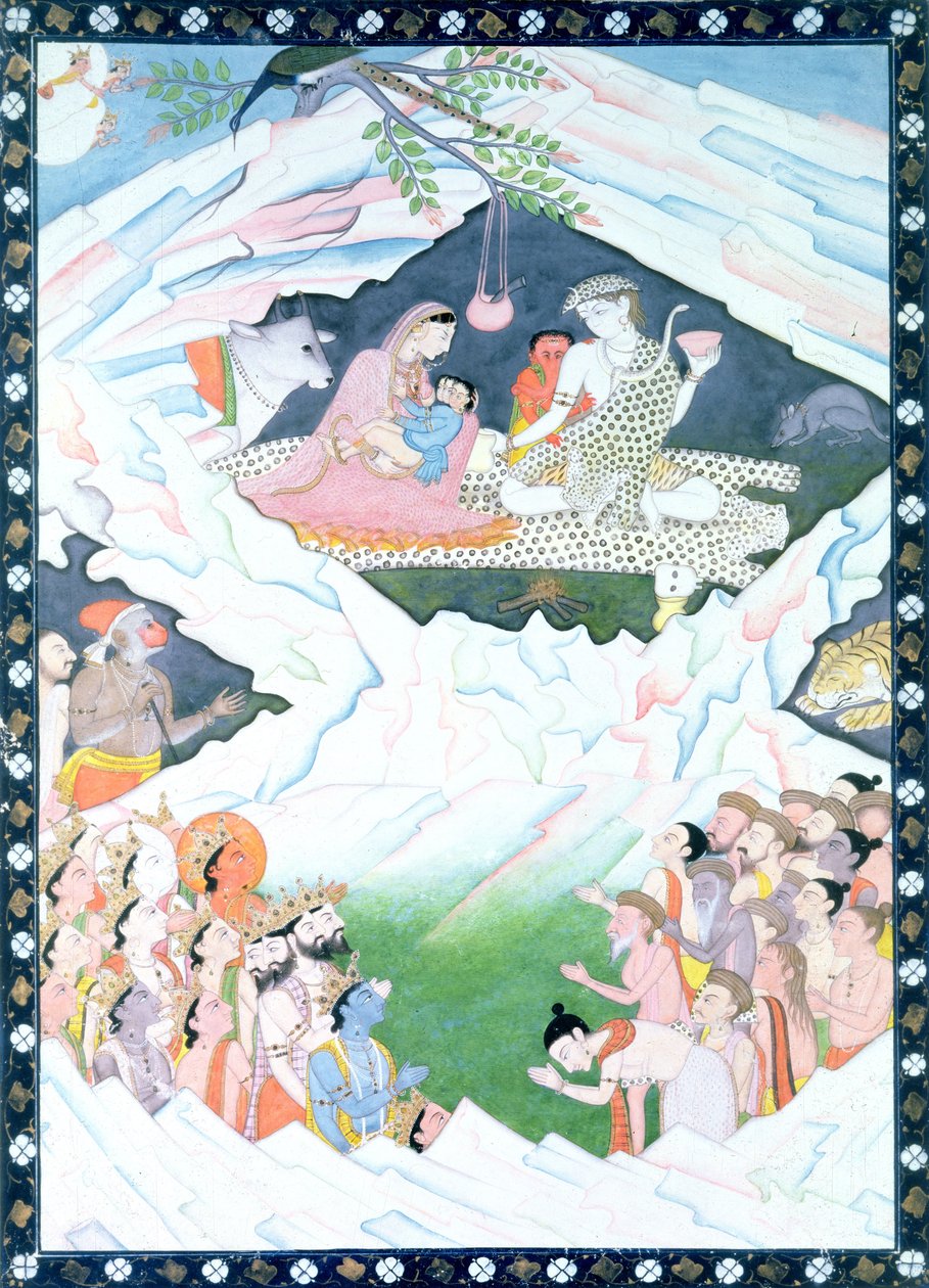 Shiva和Parvati神圣家庭在冈仁波齐峰 作者 印度学校