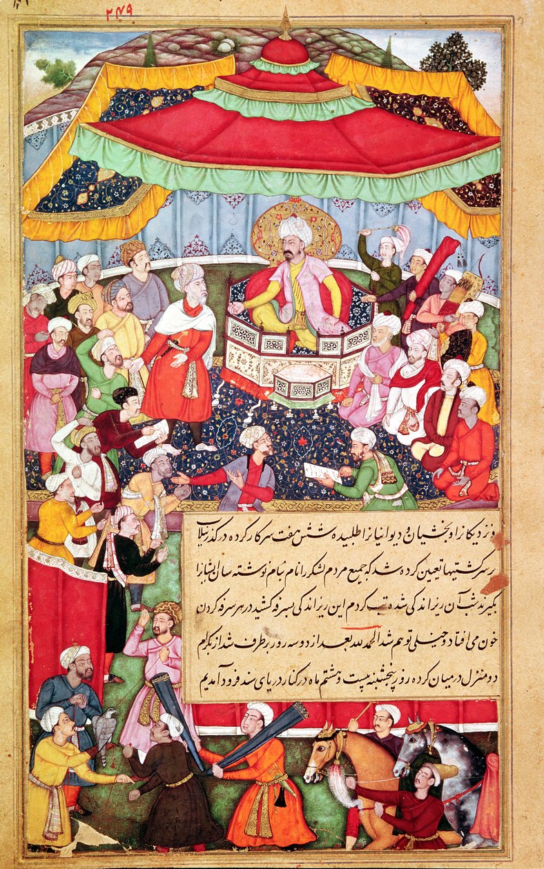 国王在他的王位上由他的朝臣包围，来自Baburnama（巴布尔回忆录）1530年 作者 印度学校