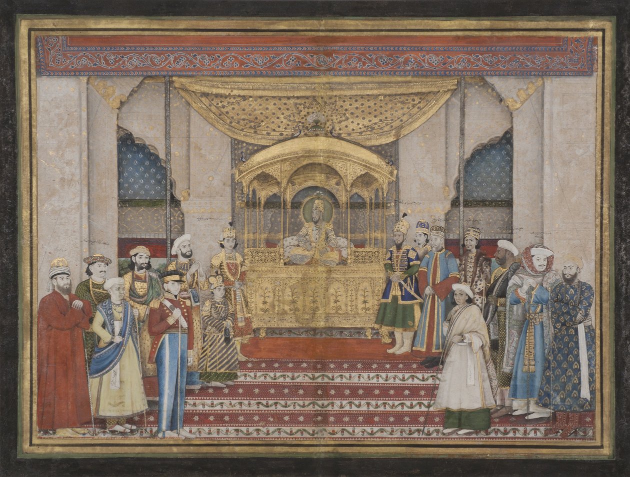 1839年在达巴尔的莫卧儿皇帝Bahadur Shah II（不透明的wc和黄金在纸上） 作者 印度学校