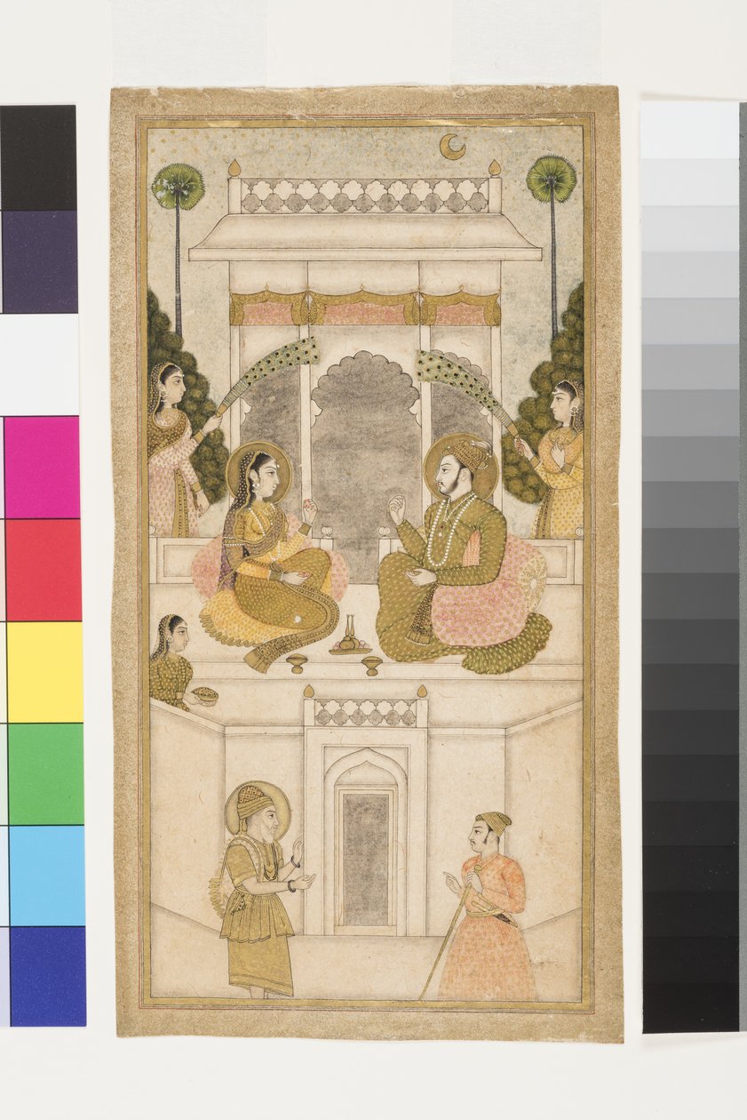 戈尔康达的苏丹，Quli Qutb Shah，与他的配偶坐在一起，1700-25（不透明的wc＆黄金在纸上） 作者 印度学校