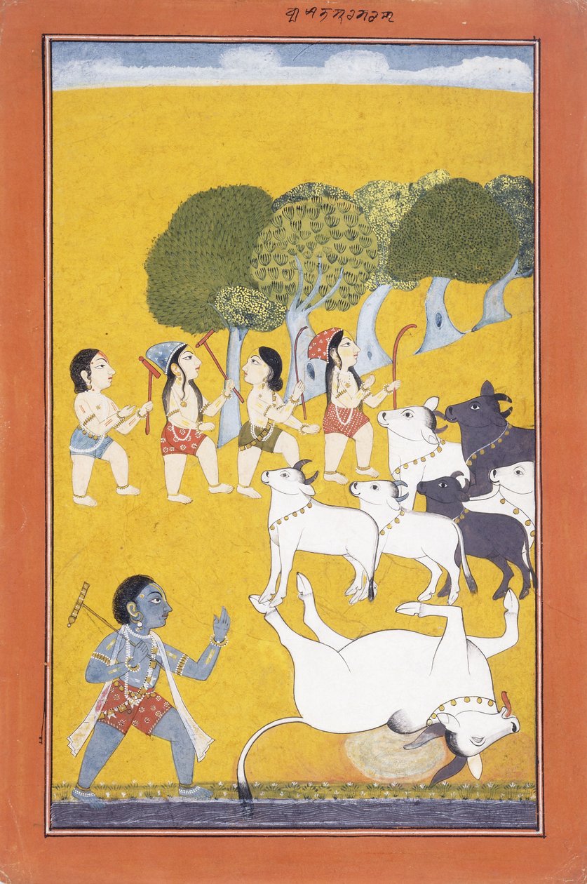 年轻的克里希纳（Krishna）杀死了小妖怪的魔鬼Vatsasura，约1730-1740年 作者 印度学校