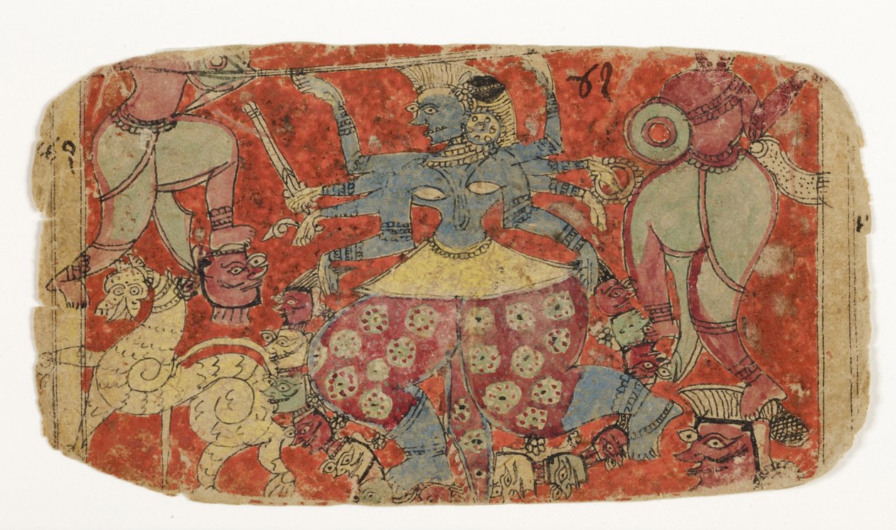 女神Kali与恶魔战斗，来自Durga攻击恶魔Shambha和Nishumbha（纸上不透明的wc） 作者 印度学校