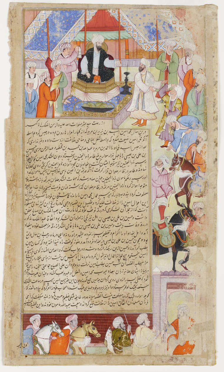 民众支持效忠于新的阿拔斯王朝的哈里发，al-Mamun，c.1593（不透明的wc＆黄金在纸上） 作者 印度学校