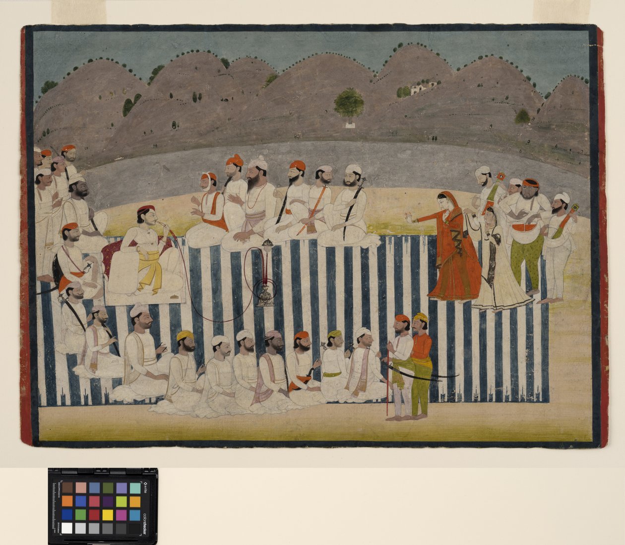 巴哈杜尔·辛格（Bahadur Singh）的儿子在1800年（透明的水彩和纸上的黄金）观看着一枚Nautch。 作者 印度学校
